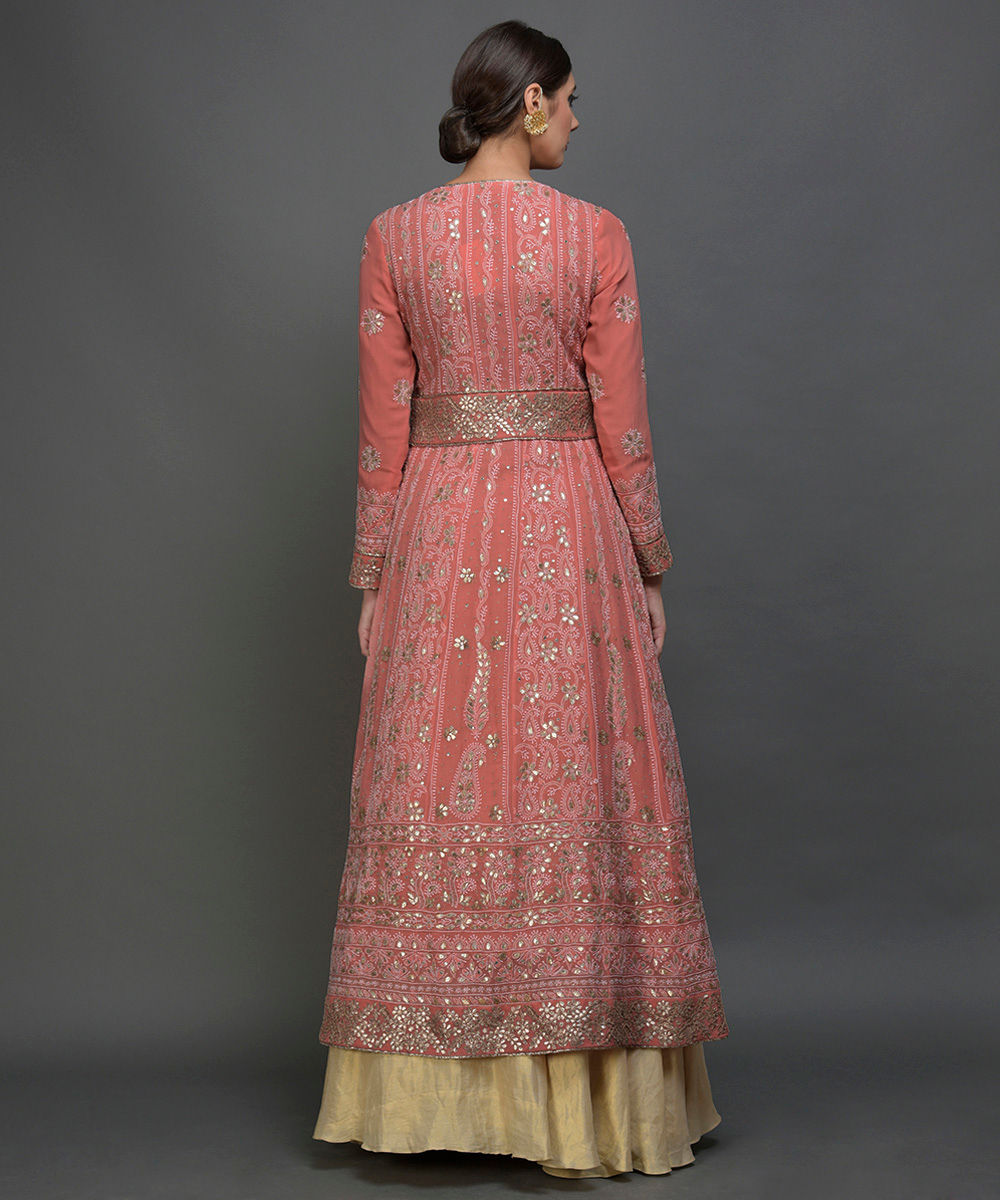 Salmon Pink Hand Embroidered Chikankari Gota Patti & Mirror Work Outfit