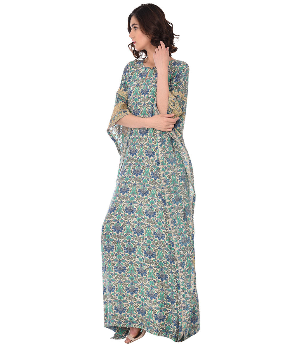 Deep Cream-Blue Floral Print Kashmiri Tilla Embroidered Kaftan Gown