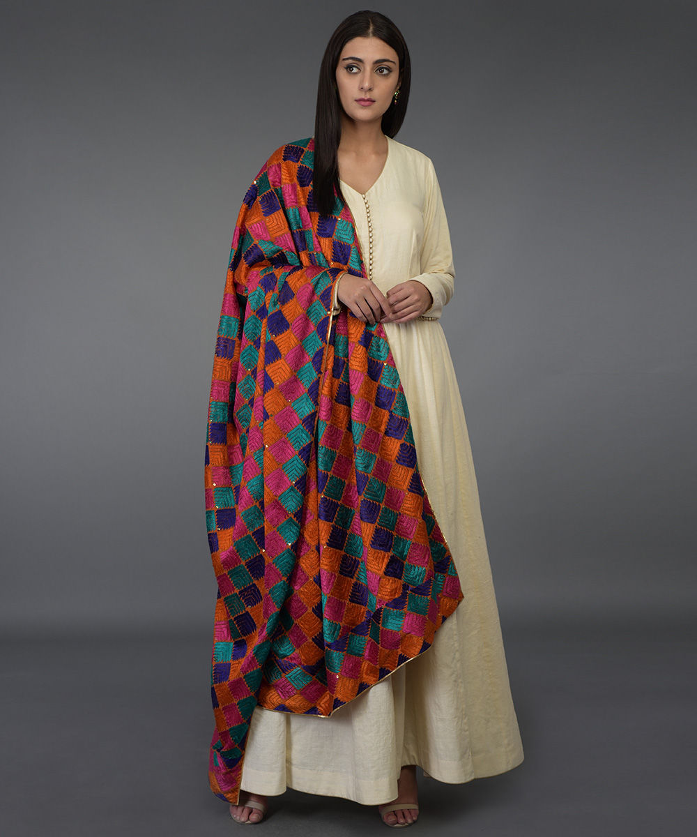 Orange Hand Embroidered Bagh Phulkari Cotton Dupatta