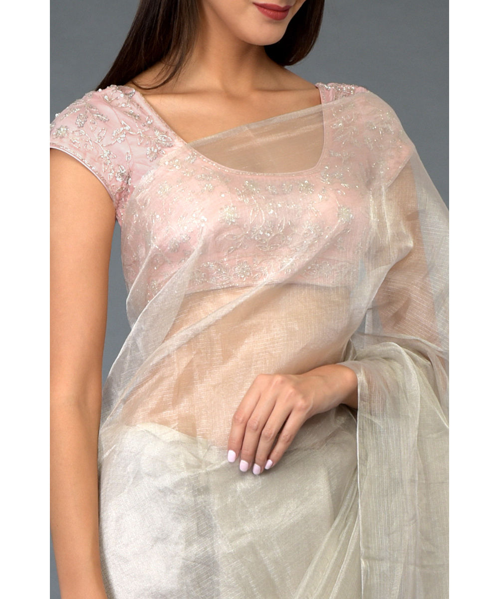 Silver Tissue Saree with Beads & Sequin Zardozi Blouse