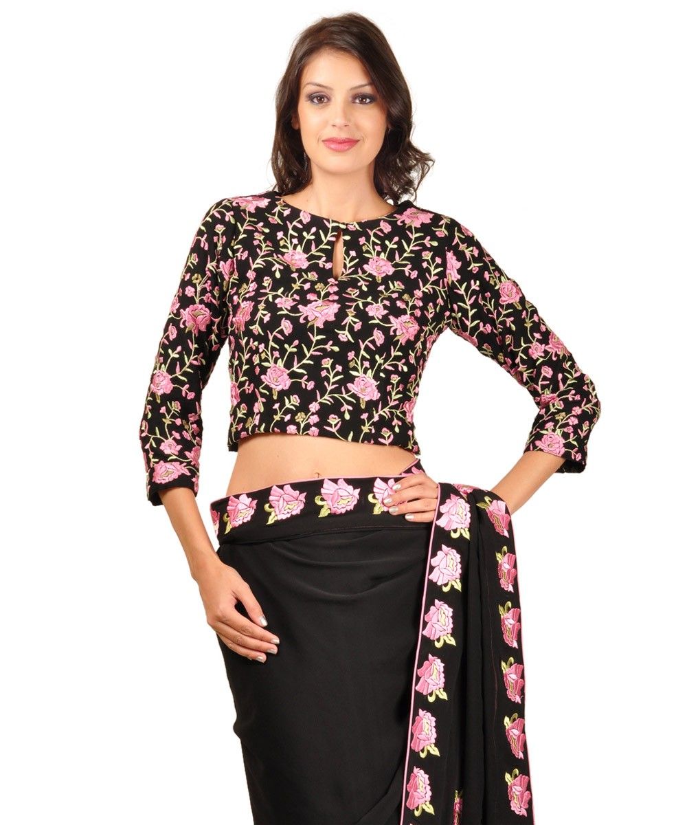 Pink Roses Embroidered Black Pure Georgette Saree With Blouse