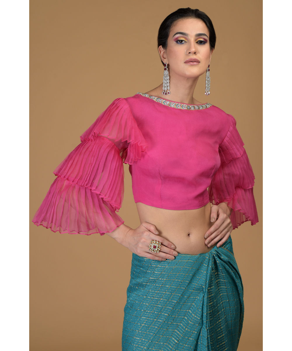 Fuchsia Ruffled Sleeve Hand Embroidered Blouse