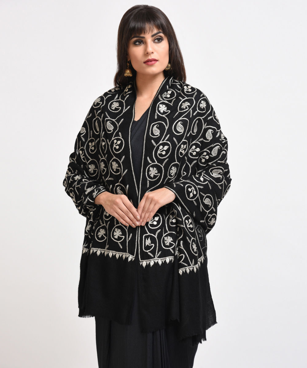 Black Pure Pashmina Silver Tilla Hand Embroidered Shawl