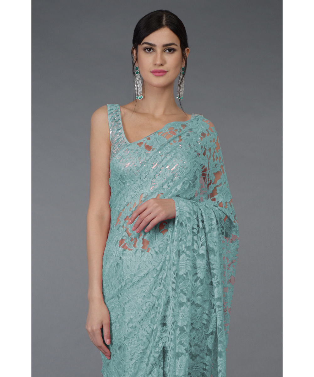 Peacock Green French Chantilly Lace Saree Set – Talking Threads