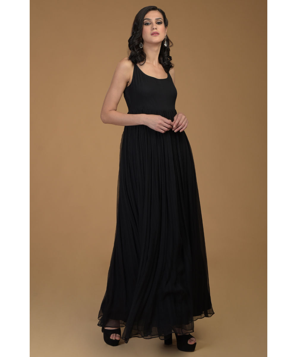 Black Pure Chiffon Silk Noodle Strap Dress