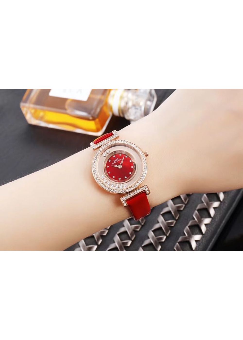 Red Dial Gold Tone Case Red Sparkly Faux Leather Band Watch | eBay