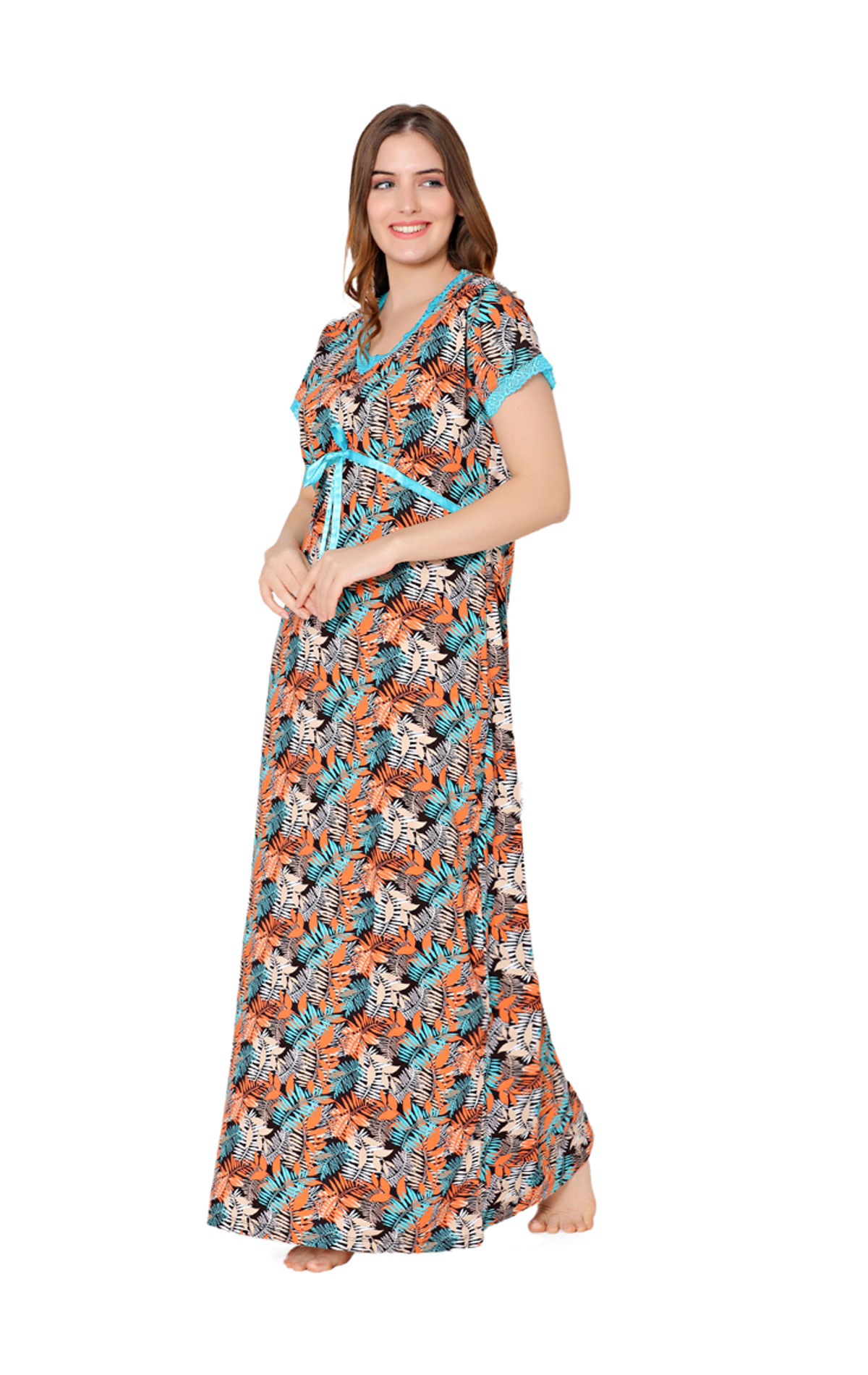 Bodycare Womens Polycotton V Neck Printed Long Night Dress-BSN2011B