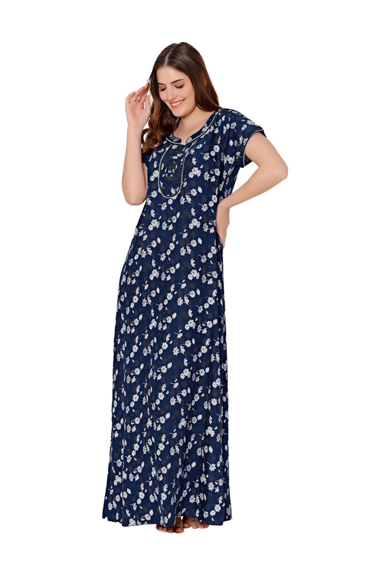 Bodycare Womens Polycotton Round Neck Printed Long Night Dress