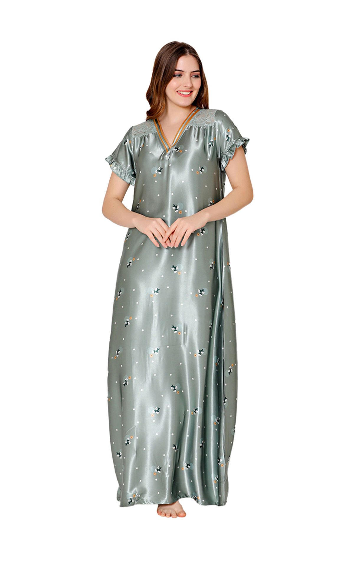 Bodycare Womens Satin V Neck Printed Long Night Dress-BSN6001B