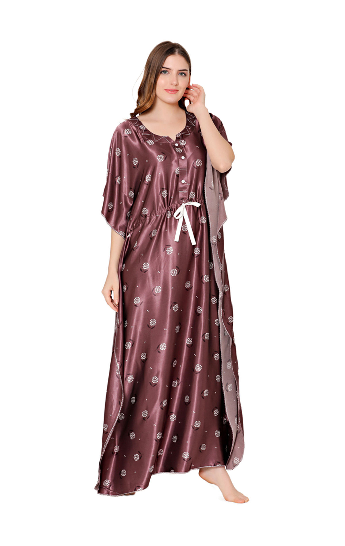 Bodycare Womens Satin Round Neck Printed Long Night Dress-BSN6003B