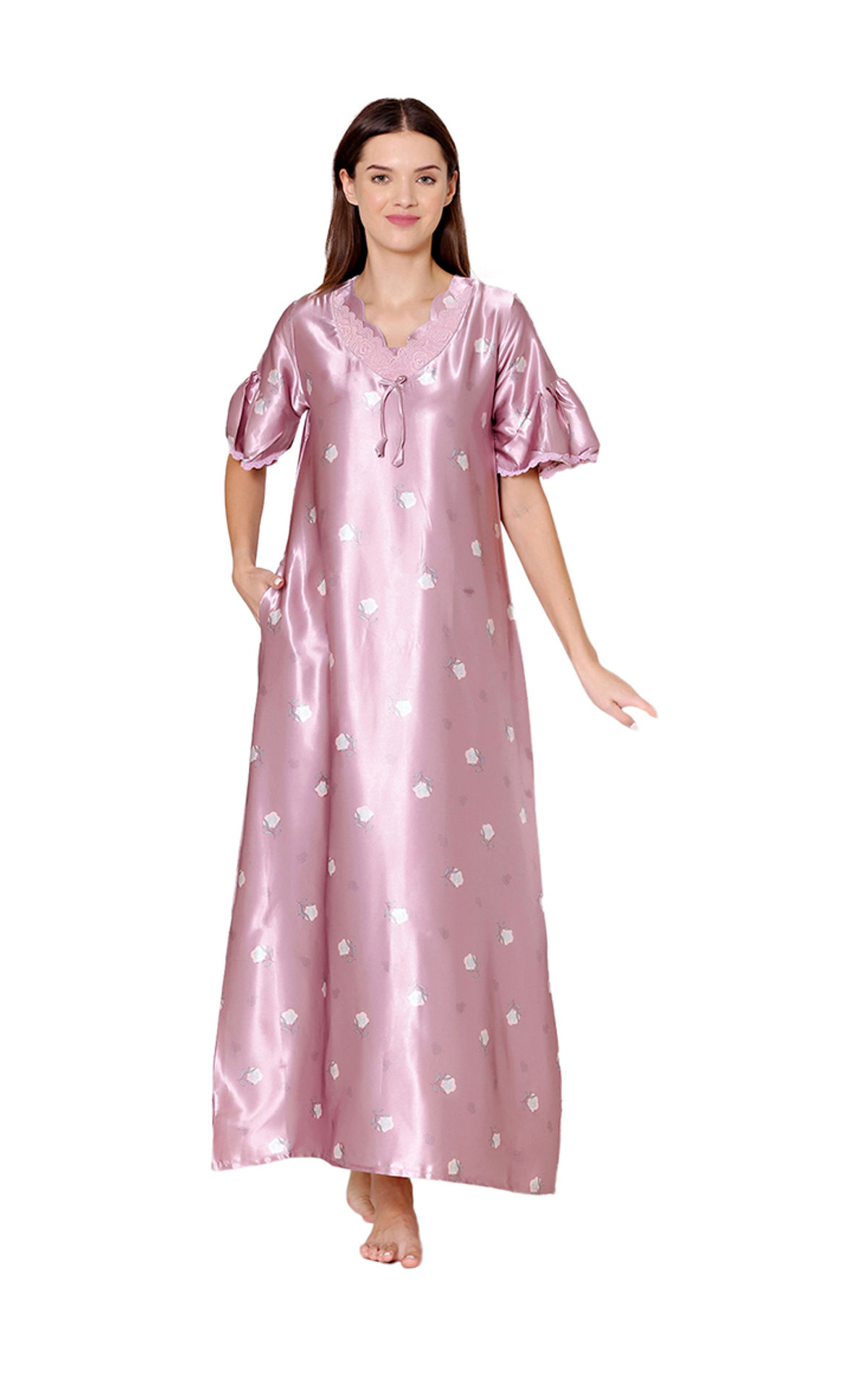 Bodycare Womens Satin V Neck Printed Long Night Dress-BSN6006A