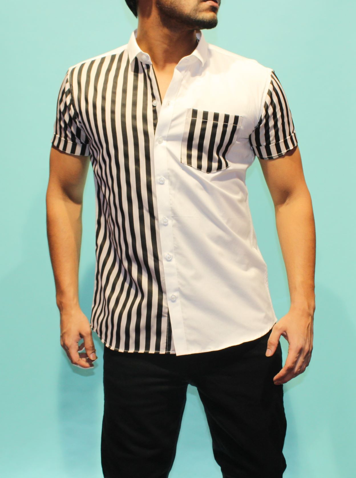 Fas Black With White Self Designed Double Layered Half Sleeve Shirt For Men