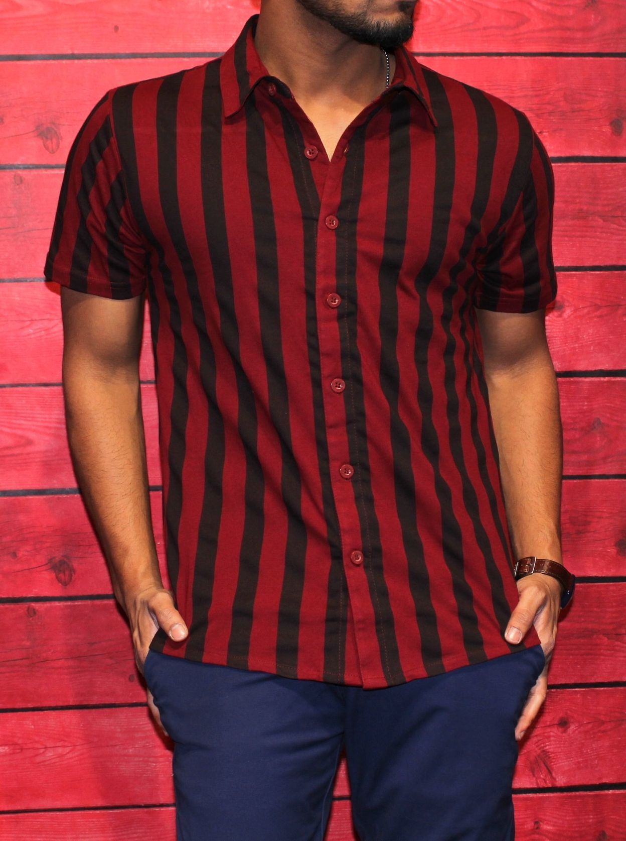 Gritstones Red With Black Striped Half Sleeve Shirt 6 Tuss 18