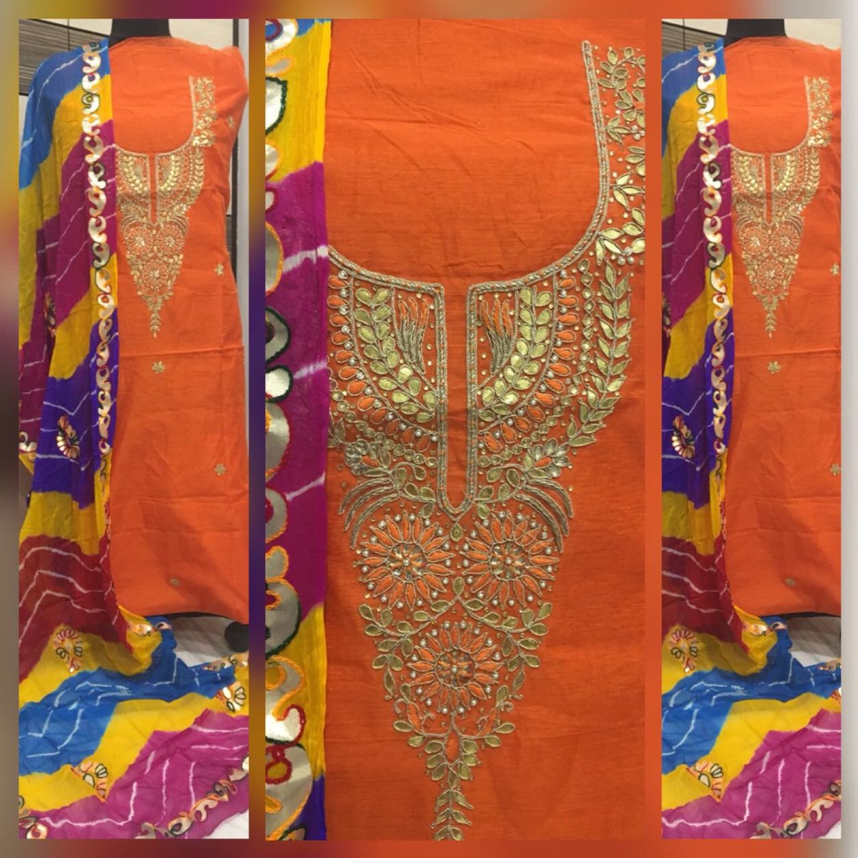 Buy Orange Chanderi Suit Lehariya Dupatta|Salwar Suits|Jhakhas