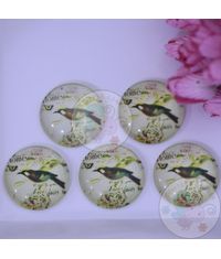 Small Round Glass Cabochon - Bird with Branch