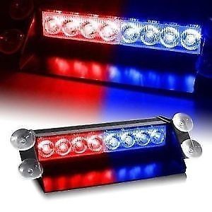 8 LEDs Wind Shield Sucker Warning Flash Red / Blue Light- Police Light 4W