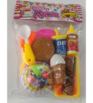 Annie Birthday Mania Pretend Play Set | Realistic Sliceable Fast Food 11 Pcs Play Set for Kids | Cake, Burger, Softy, Chocolate, Cold Drink, Ketchup, Choping Board, Plate, Knife, Spoon, Fork- 3+ Years