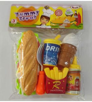 Annie Yummy Treat Pretend Play Set | Realistic Sliceable Fast Food 7 Pcs Play Set Toy for Kids | Hot Dog Burger, French Fries, Softy, Cold Drink/Slurpy, Ketchup, Serving Plate & Fork - 3 Years Above