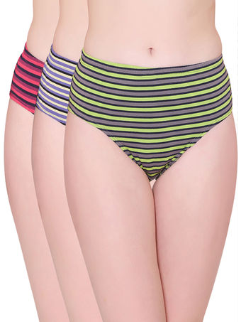 Bodycare Womens Cotton Spandex Assorted Striped High Cut Briefs