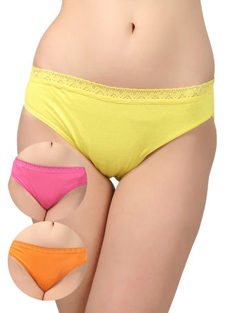 BODYCARE Pack of 3 Bikini Style Cotton Briefs in Assorted colors with Lacy waist Band-E1473