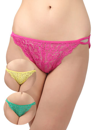 BODYCARE Pack of 3 Bikini Style Cotton Briefs in Assorted colors with Lacy Crotch-E1456