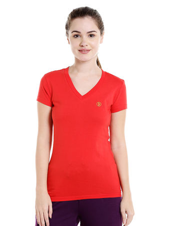 Bodyactive Women Red V Neck Tee-TS14-RED