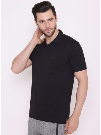 Bodyactive Solid Casual Half Sleeve Cotton Rich Pique Polo T-Shirt for Men with Chest Pocket-TS51-BLK