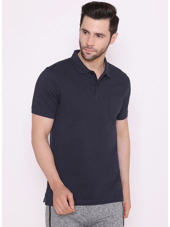 Bodyactive Solid Casual Half Sleeve Cotton Rich Pique Polo T-Shirt for Men with Chest Pocket-TS51-NAV