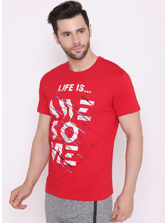 Bodyactive Regular Fit Printed Ribbed Round Neck Half Sleeve T-Shirt for Men-TS71-RED