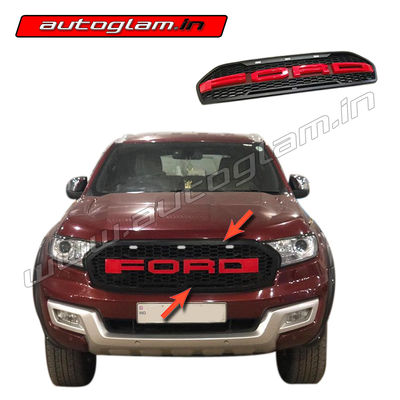 Ford Endeavour 2016-18 Front Custom Grill in Red Colour with 3 White LED, AGFEN22FGR