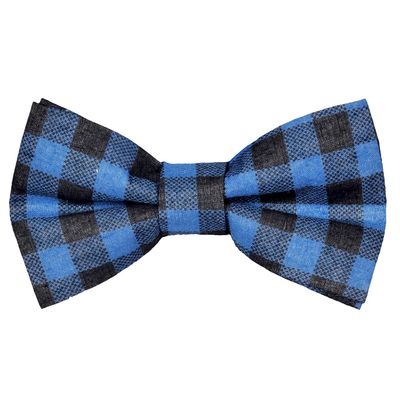 Tiekart men blue checked linen+viscos knotted double bow tie