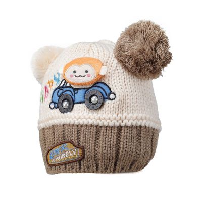 Off white & Brown Warm baby cap for winters - Just so cute