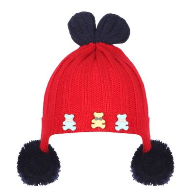 Red & Navy Blue Teddy Design Warm baby cap for winters - Just so cute