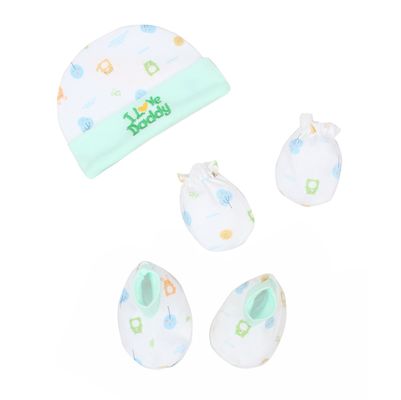 Tiekart Cap, Mittens & Booties set (I love Daddy) - White & Green