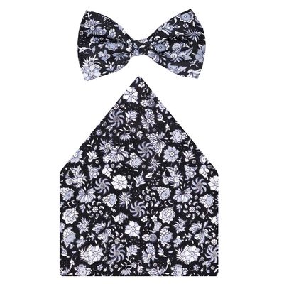 Tiekart cool combos black floral silk bow tie+pocket square