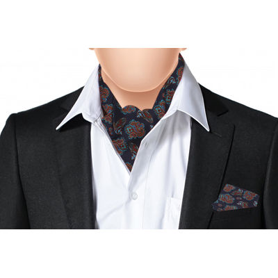 Navy Blue Silk Paisley design Cravat with Pocket Sqaure Combo-Set of 2