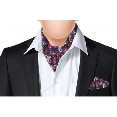 Navy Blue/Red Silk Paisley design Cravat with Pocket Sqaure Combo-Set of 2