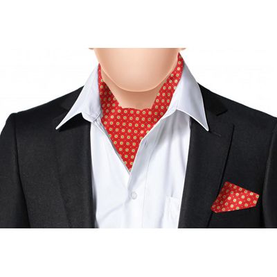 Red Silk Floral design Cravat with Pocket Sqaure Combo-Set of 2