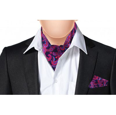 Navy Blue/Fuchsia  Silk Paisley design Cravat with Pocket Sqaure Combo-Set of 2