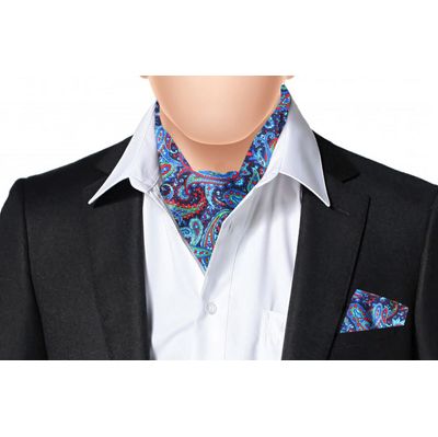 Navy Blue/Multi Silk Paisley design Cravat with Pocket Sqaure Combo-Set of 2