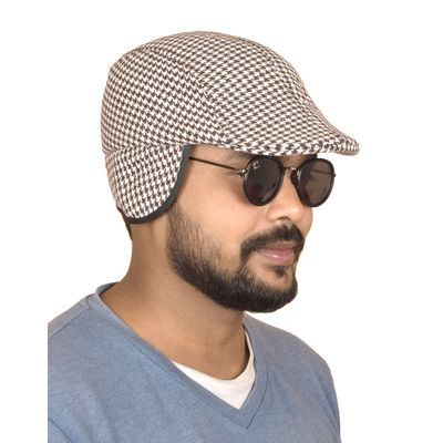 Brown and White Houndstooth Golf Cap With Ear Flaps for Men