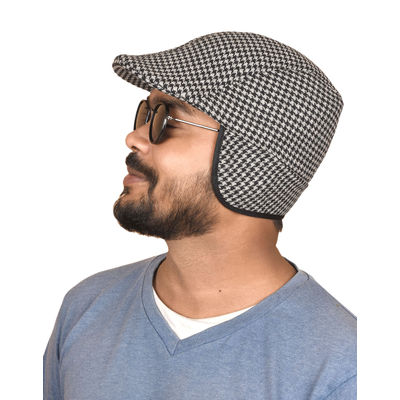 Grey and White Houndstooth Golf Cap With Ear Flaps for Men