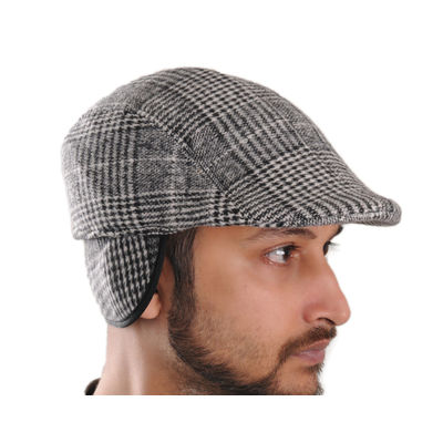 Black and White Warm Semi Woolen Golf Cap With Ear Flaps for Wind & Cold Protection for Men