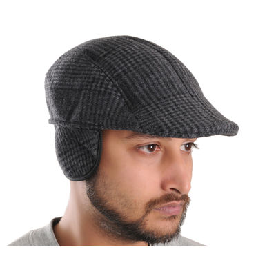 Grey Patterned Warm Semi Woolen Golf Cap With Ear Flaps for Wind & Cold Protection for Men