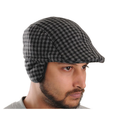 Grey Checkered Warm Semi Woolen Golf Cap With Ear Flaps for Wind & Cold Protection for Men