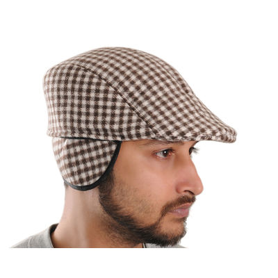 Brown Checkered Warm Semi Woolen Golf Cap With Ear Flaps for Wind & Cold Protection for Men