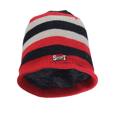 Red Striped Woolen Warm Winter Beanie Skull Cap With Faux Fur Inside for Men/Boys