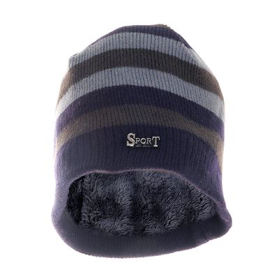 Blue Striped Woolen Warm Winter Beanie Skull Cap With Faux Fur Inside for Men/Boys