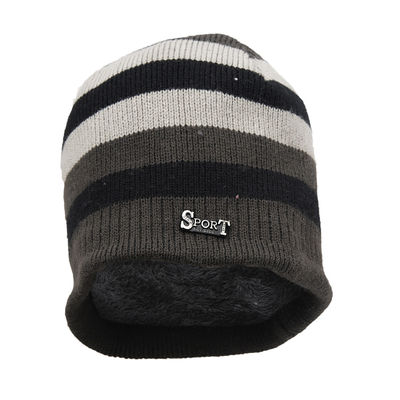 Grey Striped Woolen Warm Winter Beanie Skull Cap With Faux Fur Inside for Men/Boys