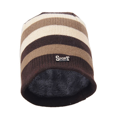 Brown Striped Woolen Warm Winter Beanie Skull Cap With Faux Fur Inside for Men/Boys